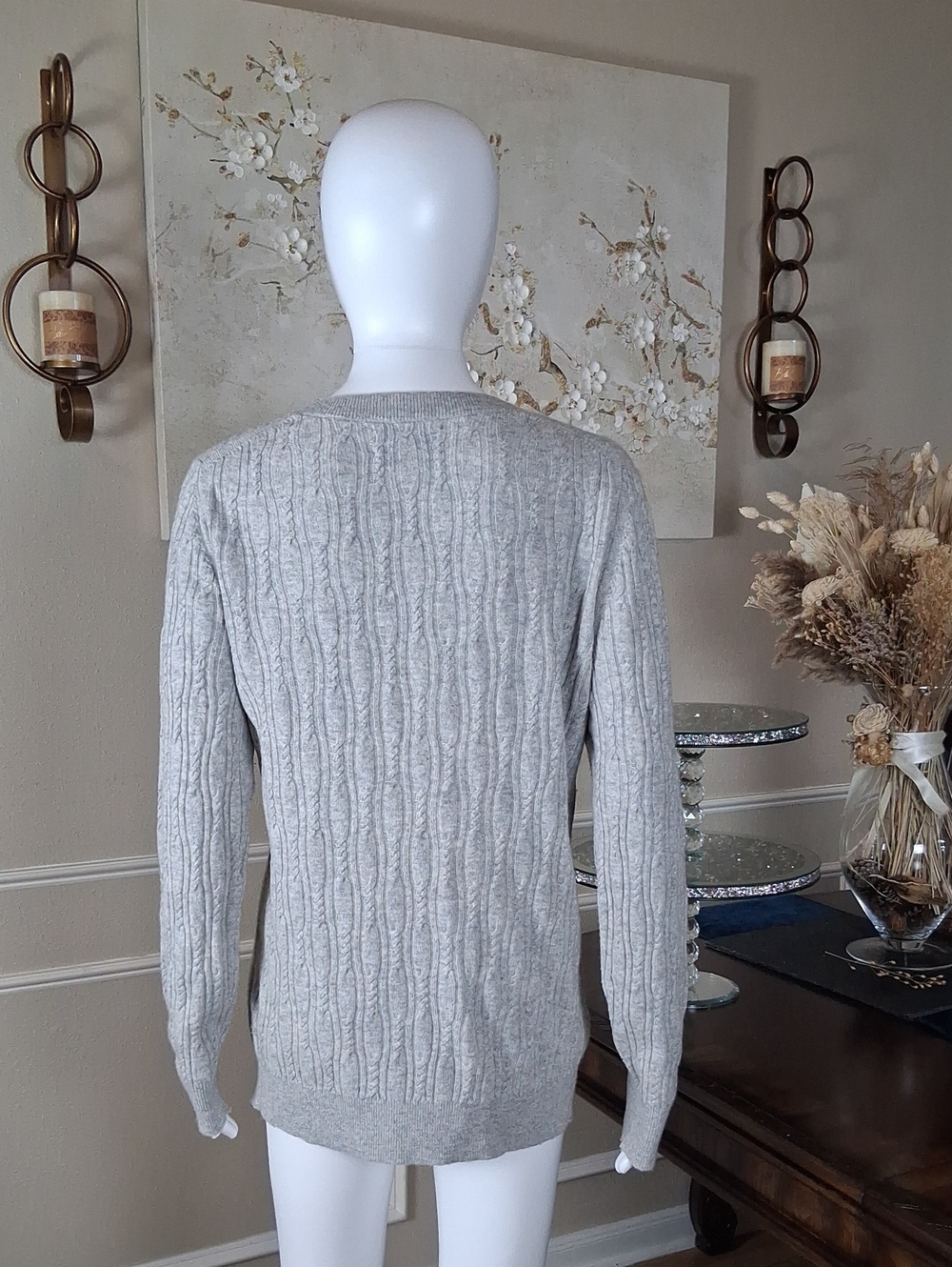 Women's Cable-Knit Crewneck Light Gray Merino Cashemere Blend Large - Picture 17 of 17